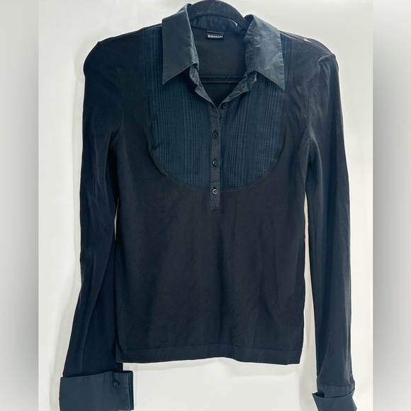 Wolford Black Tuxedo Bib Front Blouse Pleated Button Long Sleeve Top - Picture 2 of 9